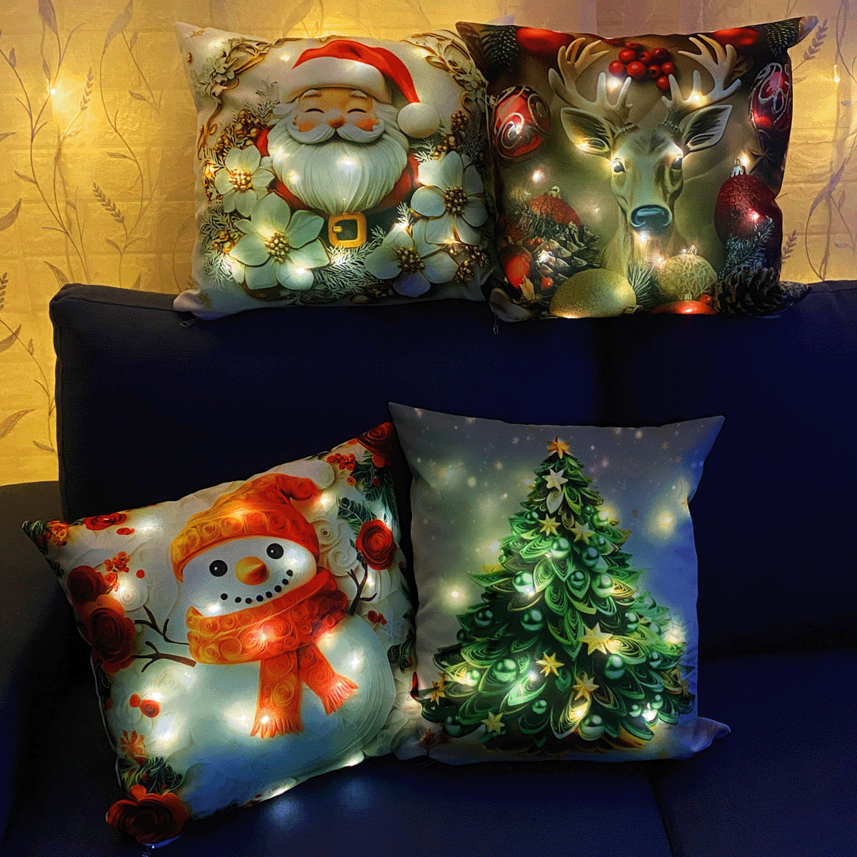 Set Fundas Navidenas X4 Con Luces