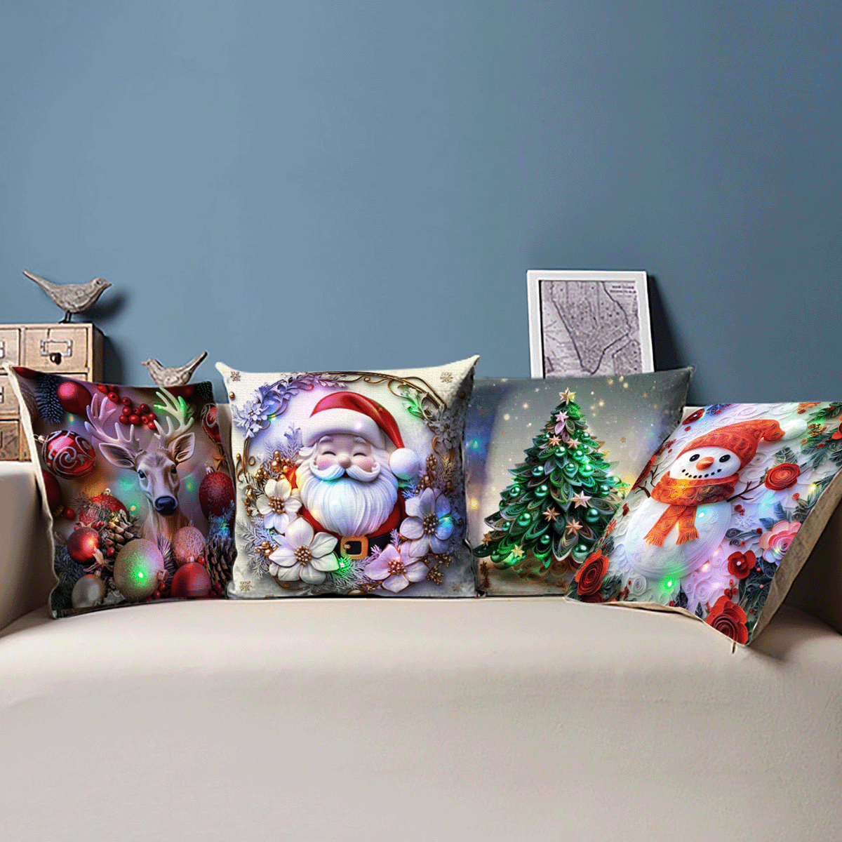 Set Fundas Navidenas X4 Con Luces