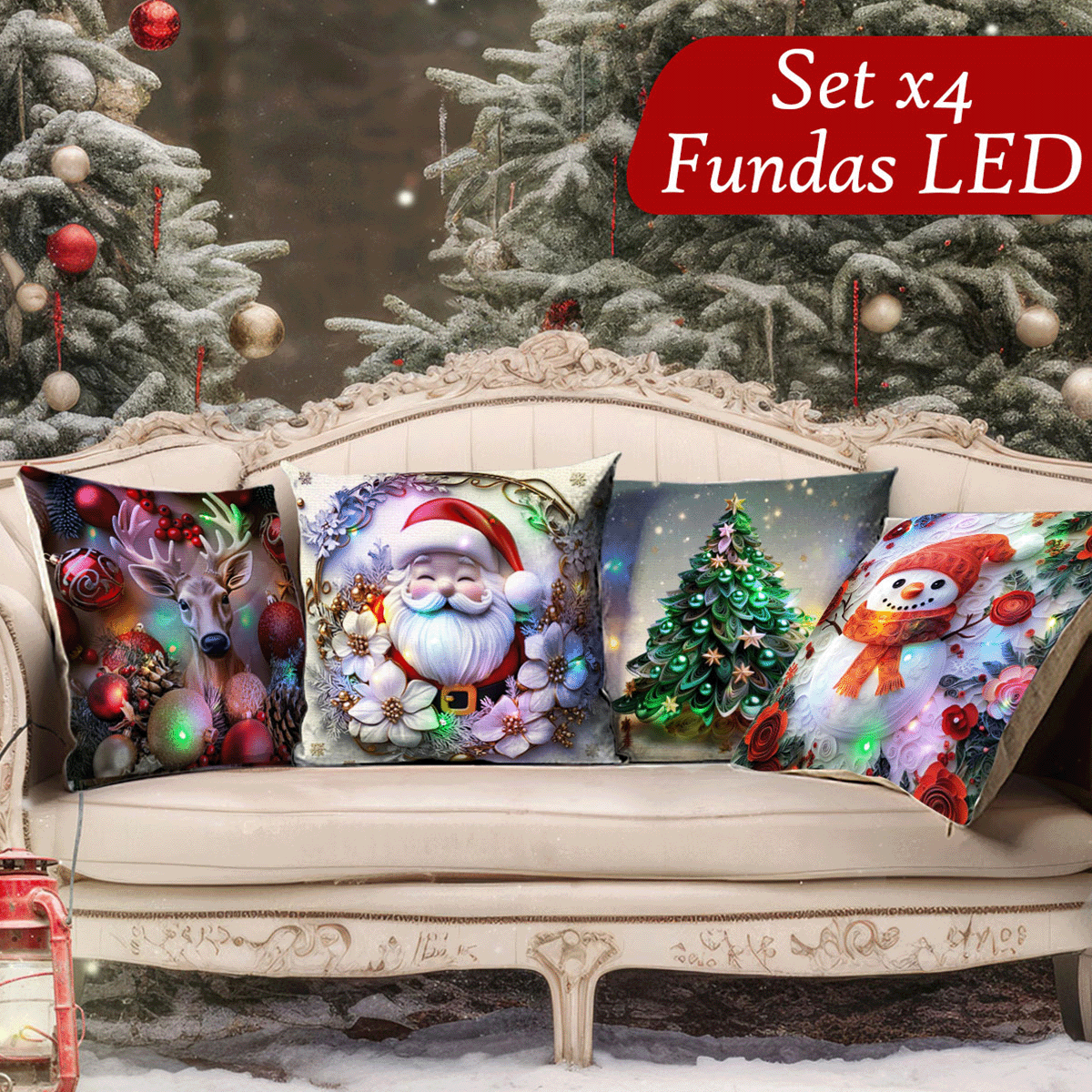 Set Fundas Navidenas X4 Con Luces