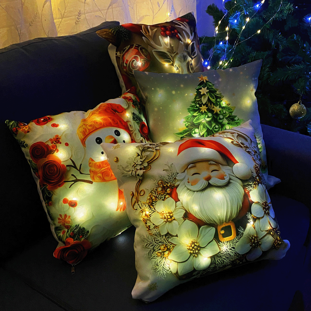 Set Fundas Navidenas X4 Con Luces